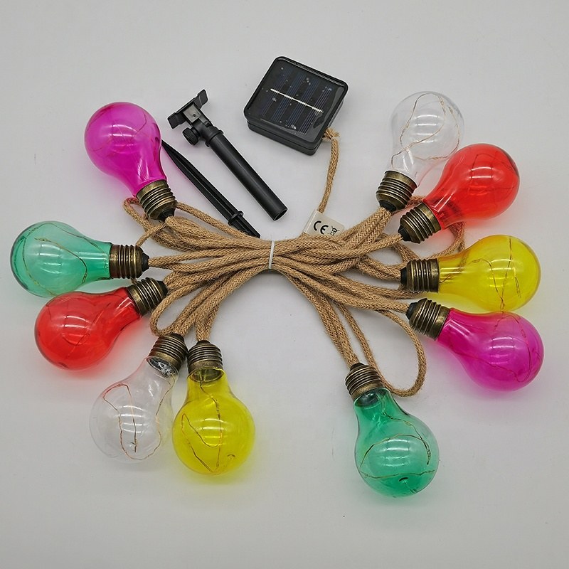 Solar LED string light with A60 colorful bulb and hemp rope